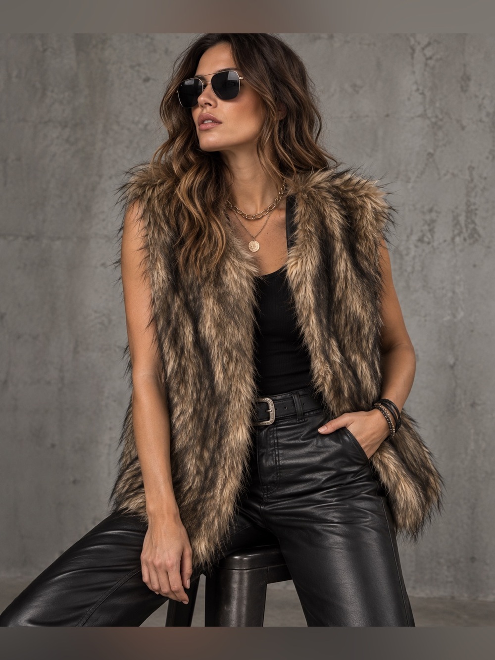 Tanming XL Brown Shaggy Faux Fur Vest Boho Festival Western